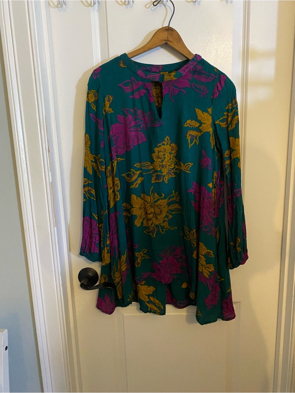 Cost Plus World Market Teal Tunic with Pink and Mustard Floral Print